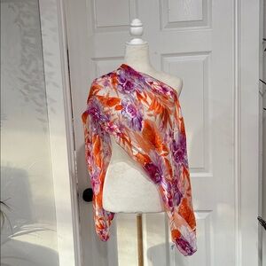 Marc Rozier Made in France Silk Vibrant Floral Scarf in Orange and Purple